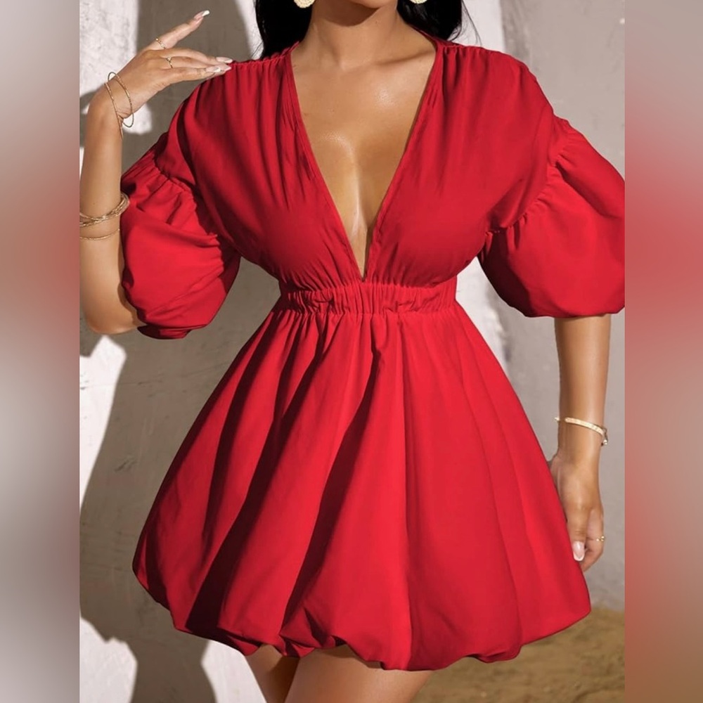 Holiday Deep V Neck Puffy Sleeve Cocktail Dress - Sz S, Red